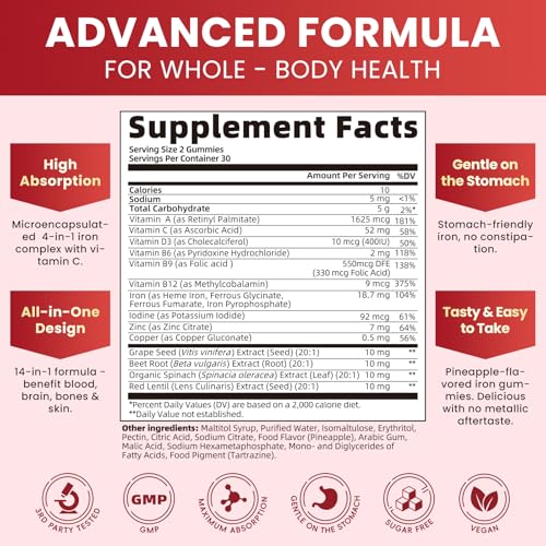 Iron Gummies for Women & Men, 4-Source Iron Supplement with Vitamin C, Folate, B12, B6 & Copper, Blood-Building & Energy Support, Gentle Iron Gummy Vitamins, Vegan Pineapple Flavor, 120 Count — view 5