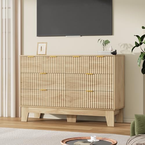 Image of Garvee 8 Drawer Dresser for Bedroom, 47 inch Wide Fluted Chest of Drawers with Metal Handle, Modern Wooden Dresser TV Stand, Clothes Storage Organizer Wood Closet for Hallway, Entryway, Natural Oak