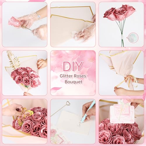 24 Stück Glitzer Rosenstrauß, DIY Künstliche Rosen Rosa – Bild 3