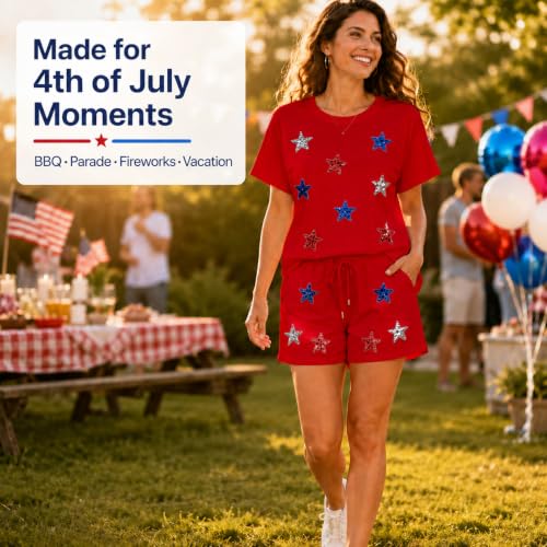 Image of VILOVE 4th of July 2 Piece Sequin Outfits Women 250 Anniversary Usa Shirts and Short Sets Casual Patriotic Shirt Summer Set