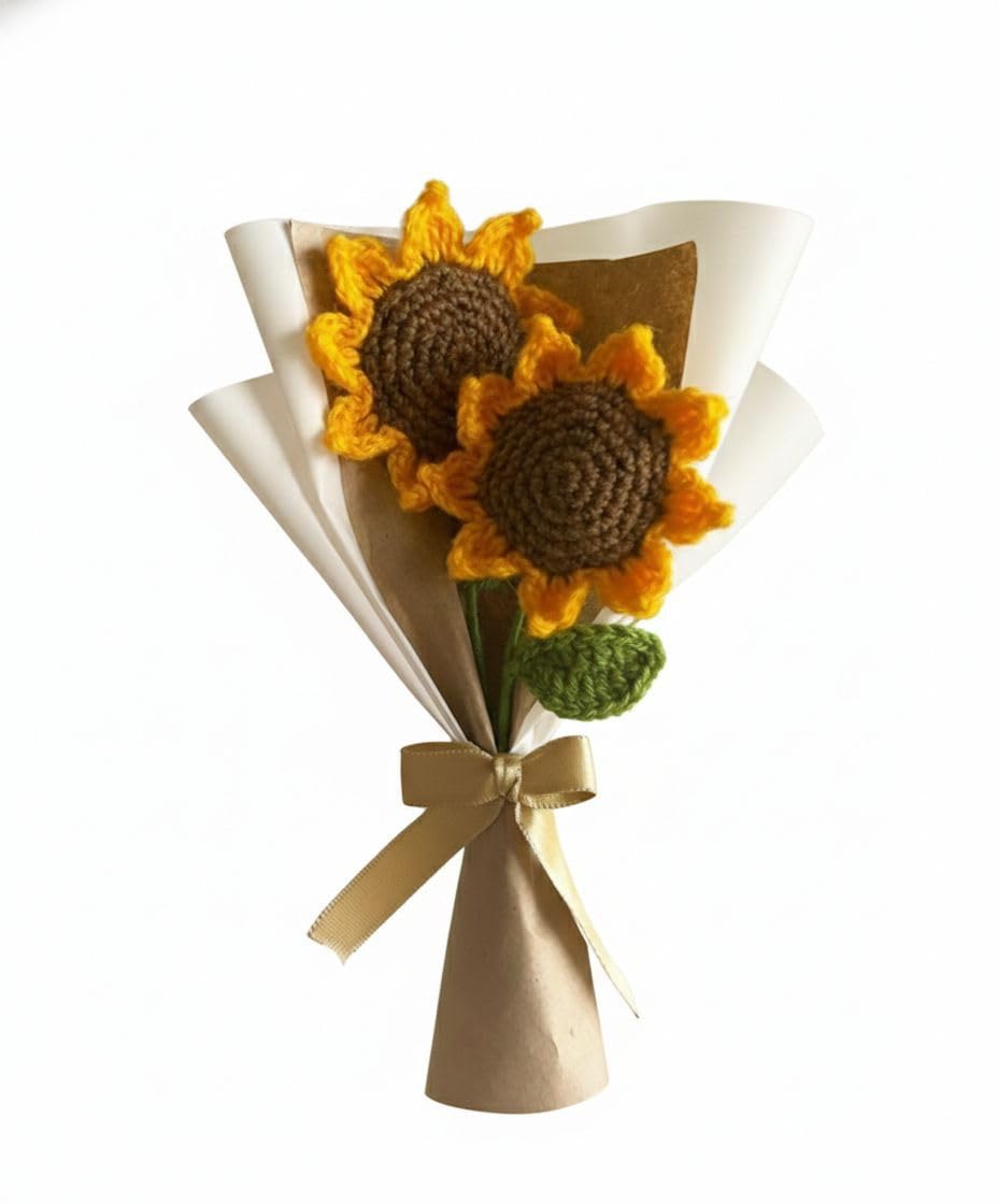 Crochet Sunflower Bouquet, Handmade Knitted Flowers with Paper Wrap, Yellow and Brown, Home Decor Gift for Valentines Day,Mothers Day,Anniversary,Birthday,-image-18