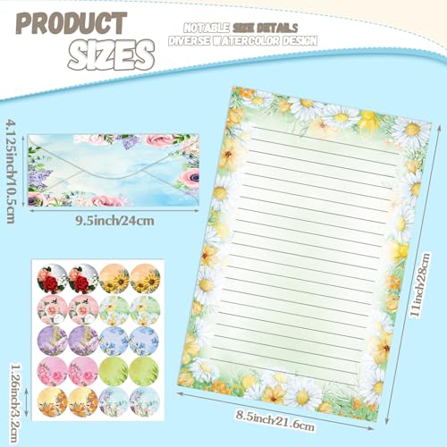 Image of TaoBary 160 Pcs Flower Stationery Paper and Envelopes Set 50 Double Sided Lined Stationery Paper with 50 Matching Envelopes and 60 Round Dot Sticker 8.5 x 11'' Letter Writing Kit, 10design
