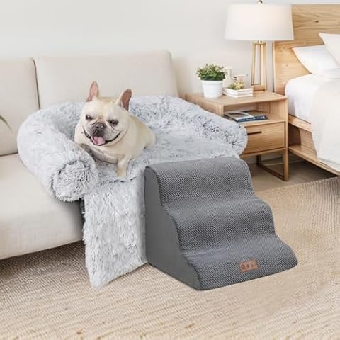 GGIB 3-Step Dog Stairs and Large Calming Dog Bed Fluffy Plush Dog Mat for Sofa, High Bed Pet Steps for Small Dogs with Removable Washable Cover, Grey Cover