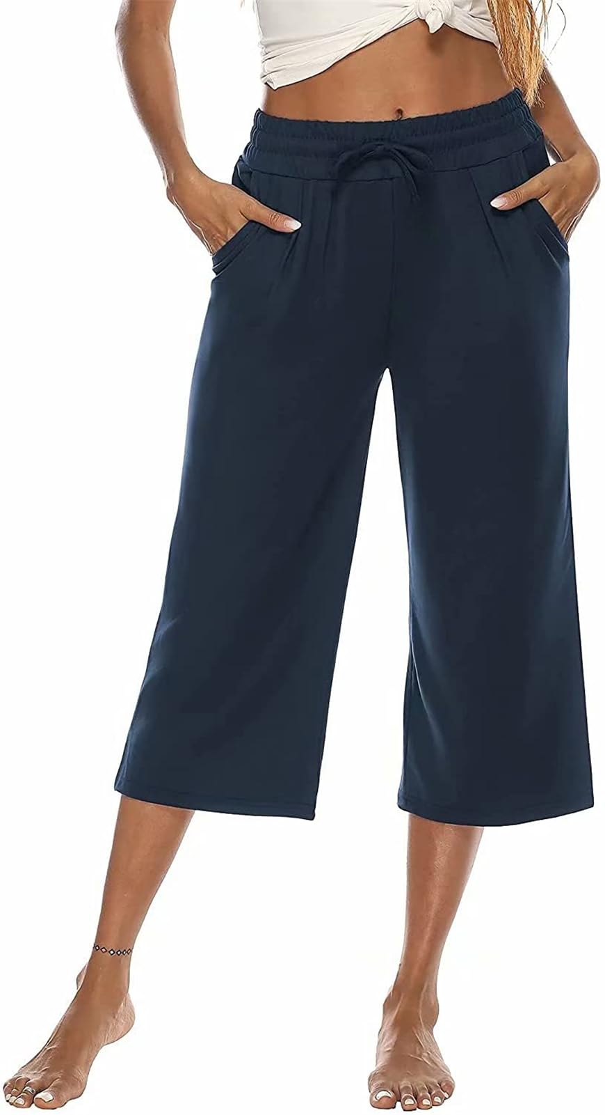 ASKSA Damskie spodnie capri 3/4, szerokie nogawki, wygodne spodnie rekreacyjne, spodnie do biegania, luźne spodnie do jogi, letnie spodnie z kieszeniami