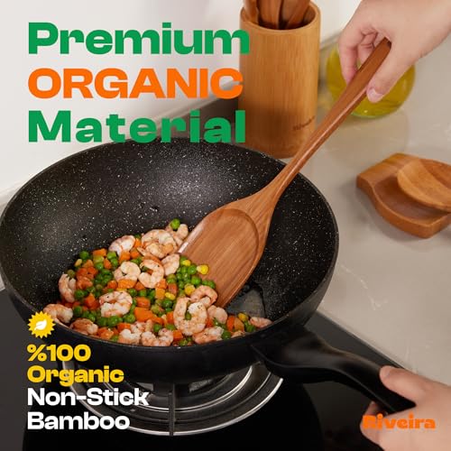 Riveira Brown Bamboo Wooden Cooking Utensils Set of 6 Premium Quality, Non-Toxic, Heat-Resistant Wooden Spoons and Spatula for All Cookware