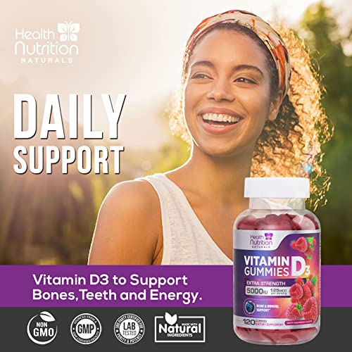 Extra Strength Vitamin D3 Gummies 5000 Iu (125 Mcg), High Potency Vitamin D Gummy Dietary Supplement For Bone & Immune Support, Teeth & Muscle Support, Nature's Vitamin D, Non-Gmo - 120 Gummies #TOP4