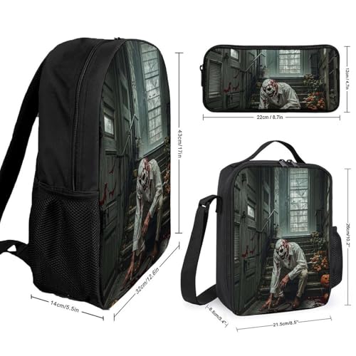 3 Piece Backpack for Women Men Lightweight Causal Daypack Shoulder Bag Set with Insulated Lunch Bag And Pencil Case Organizers Halloween Horror Theme2
