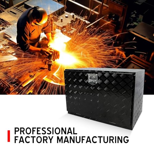 confote 36"x 22"x 24" Heavy Duty Aluminum Stripes Plated Tool Box Underbody Truck Box Pick Up Truck Bed RV Trailer Toolbox Waterproof Square Storage Organizer with Lock and Keys-Black