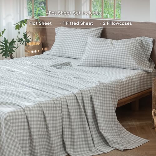 Image of MooMee Gingham Sheet Set 100% Washed Cotton Linen Like Textured Breathable Soft w /Fully Elasticized 16-19 inch Deep Pocket (Classic Gingham Northern Droplet Grey, Queen)
