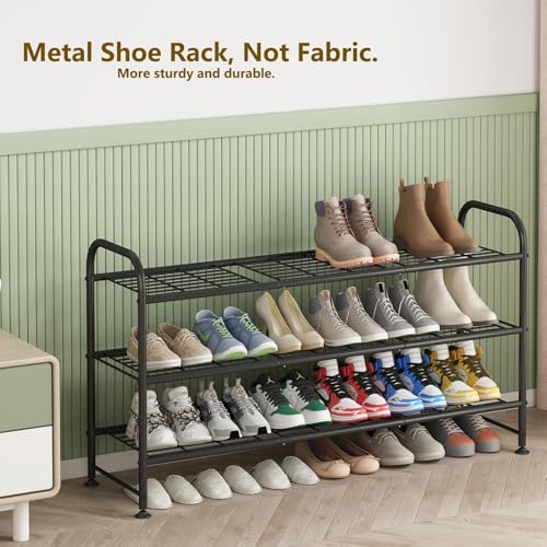 Image of LINZINAR Shoe Rack Long 3 Tier Metal Shoe Organizer Metal Wide Shoe Shelf for Closet Entryway Bedroom Large Capacity Black