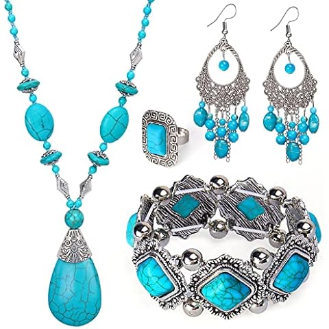 Yewong 4 Pieces Bohemian Turquoise Set Vintage Turquoise Pendant Necklace Dangle Earrings Stretchable Bracelet Ring Statement Boho Gift Jewelry Sets for Women Girls, One Size, Turquoise, Turquoise Cover
