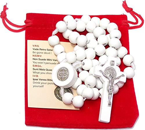 Holy Land Market St. Benedict Catholic Wood Rosary Necklace from Bethlehem - The Holy Land (White Wooden St. Benedict Rosary)