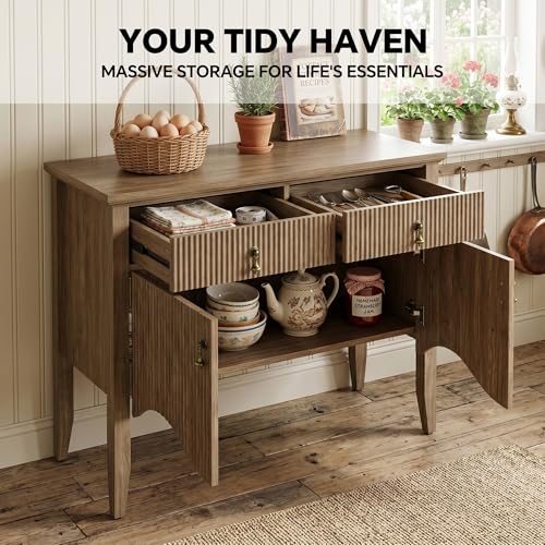 Image of FUSUNBAO 40 inch Fluted Buffet Storage Cabinet, Sideboard Credenza,Light Oak | Retro,Storage Cabinet,Fluted Sideboard Credenza, 2 Drawer, Accent Bar Cabinet, For Living Room, Dining Room, Entryway