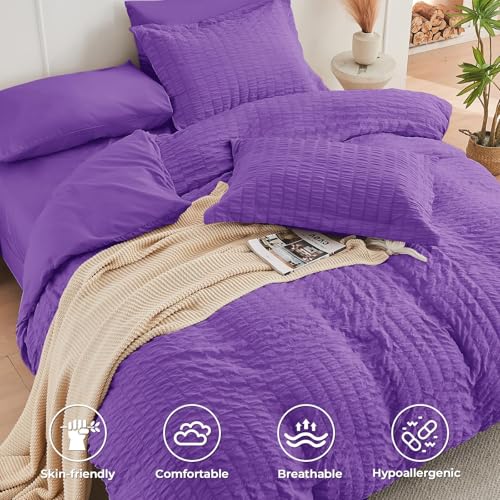 Image of HYMOKEGE Bright Purple King Size Comforter Set Seersucker 7 Pieces, All Season Luxury Bed in a Bag for Bedroom, Bedding Set with Comforter, Sheets, Pillowcases & Shams