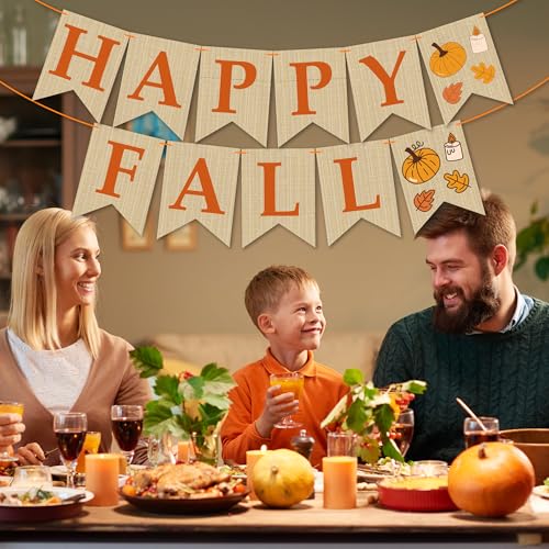 Image of OHOME Fall Decorations for Home - Happy Autumn Pumpkin Banner for Indoor Outdoor | Maple Leaves Garland Backdrop for Outside - Hanging Party Favors Supplies for Birthday | Fall Decor