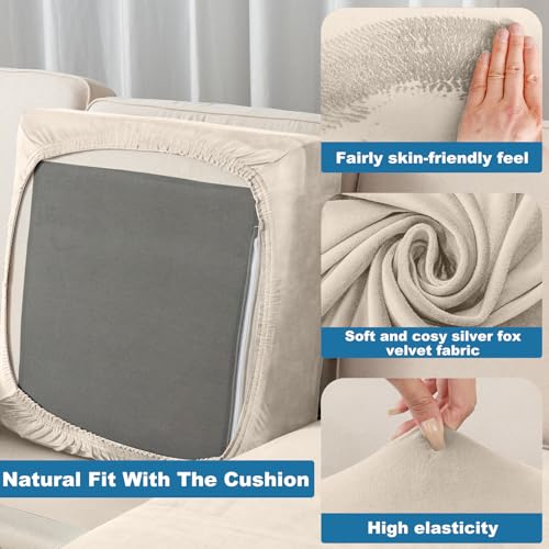 Image of Stretch Silver Fox Velvet Sectional Couch Covers - 4-Piece Sofa Cushion Covers for Left /Right L-Shaped Chaise, Soft and Comfortable Slipcovers for Sectional Sofa(3 Seater + 1 Chaise,Ivory)