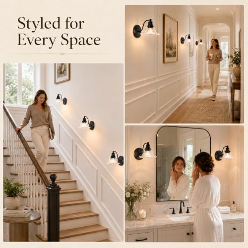 Image of Matte Black Bathroom Wall Sconce Vintage Style, E26 Easy Mounted | Vanity Light with Flower Glass Shade, Bathroom Wall Lighting Fixture Beside Mirror, Easy Mounted for Bedroom, Hallway