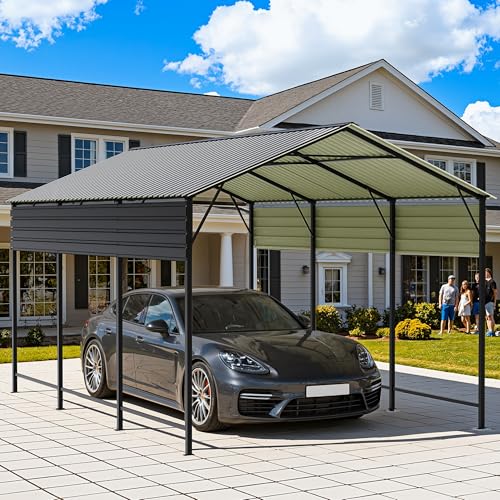 Image of Greesum 10x15FT Metal Carport with Heavy Duty Frame and Galvanized Steel Roof, Vertical Carports with Side Support Rods, Canopy Shelter for Car, Pickup Trucks, Party, Boats, Gray