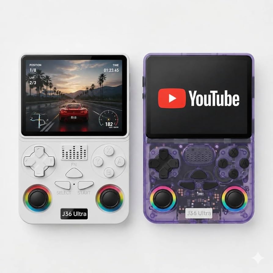 J36 Ultra Handheld Retro Game Console Transparent Purple Dual Analogue Sticks RGB Joysticks Portable Gaming 125GB