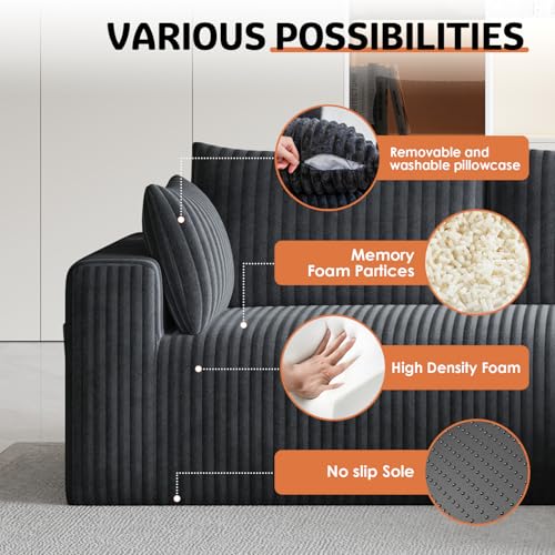 Image of 146 inch Boneless Couch Modular Sectional Sofa for Living Room, U-Shaped Cloud Couch with Deep Seat Chaise, No Assembly Required Foam Sleeper Sofa, Plush Corduroy Fabric, Dark Gray