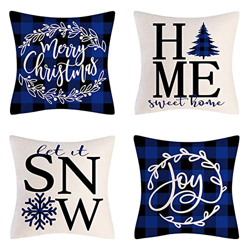 Fundas Cojines Adornos Navidad Funda Cojínes Navideña Lino 45x45 cm Christmas Decorations Funda Almohada Cojín Decoración Arbol Navideños Casa Juego de 4 Modernas para Sofá Sillas Azul Beige 04 Cover