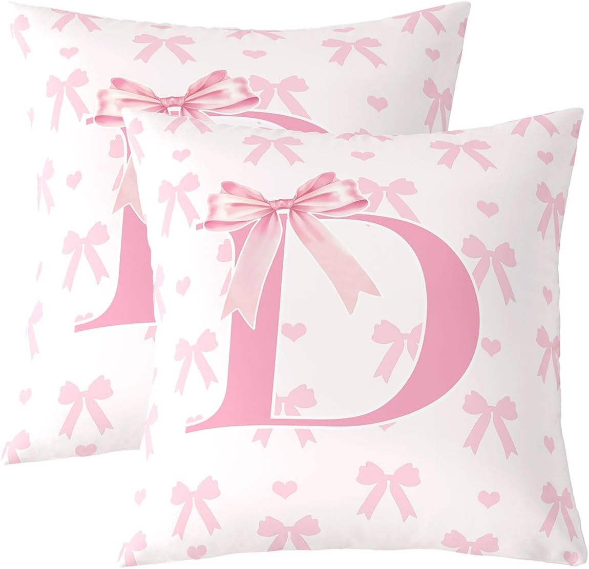 Manfei Pink Bow Pillow Case Covers 2 Pack,Initial Letter D Chic Romantic Pillow Covers 24"x 24" Soft Square,Princess Style Bowknot Love Hearts Girly Fairy Decorative Throw Pillow Covers