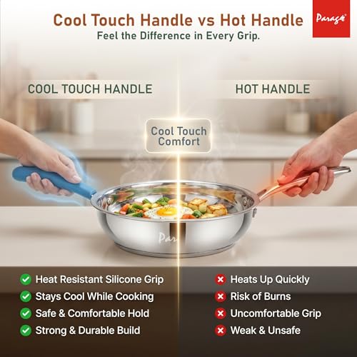 Image of Parage Stainless Steel Frying Pan 24 cm Deep Fry Pan, 1500ml Capacity, Induction & Gas Stove Compatible Cookware, Triply Bottom with Silicon Handle, for Kitchen Daily Use, 2 Years Warranty
