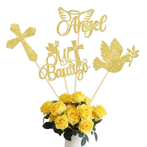 12 Pack Spanish Mi Bautizo Party Decorations, Baptism Centerpiece Sticks, Glitter Angel Dove Baptism Table Toppers for Religious God Bless Baby Shower Baptism Party Decorations Gold