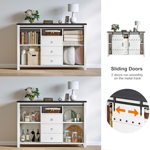 48 Farmhouse Buffet Cabinet with Sliding Barn Doors & Drawers in White for Kitchen, Dining Room, Living Room