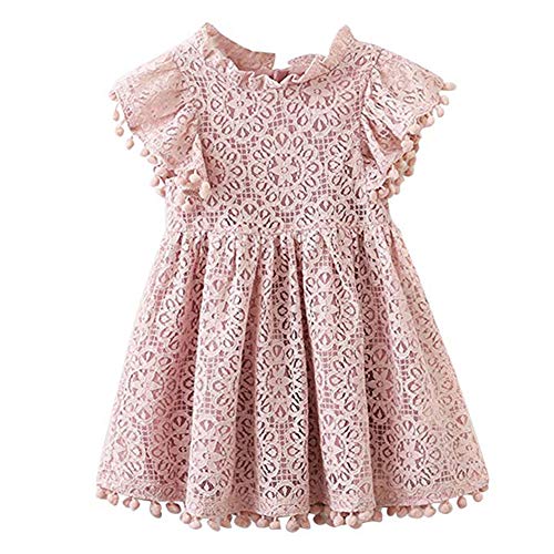 Colorfog Baby Girls Vintage Hollow Lace Pom Pom Trim Princess Birthday Party Dress Sundress (5, Pink)