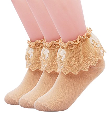 SEMOHOLLI Women Ankle Socks, Princess Socks, Lace Socks, Lace Ruffle Frilly Comfortable No-Show Cotton Socks (3 Pairs-khaki)