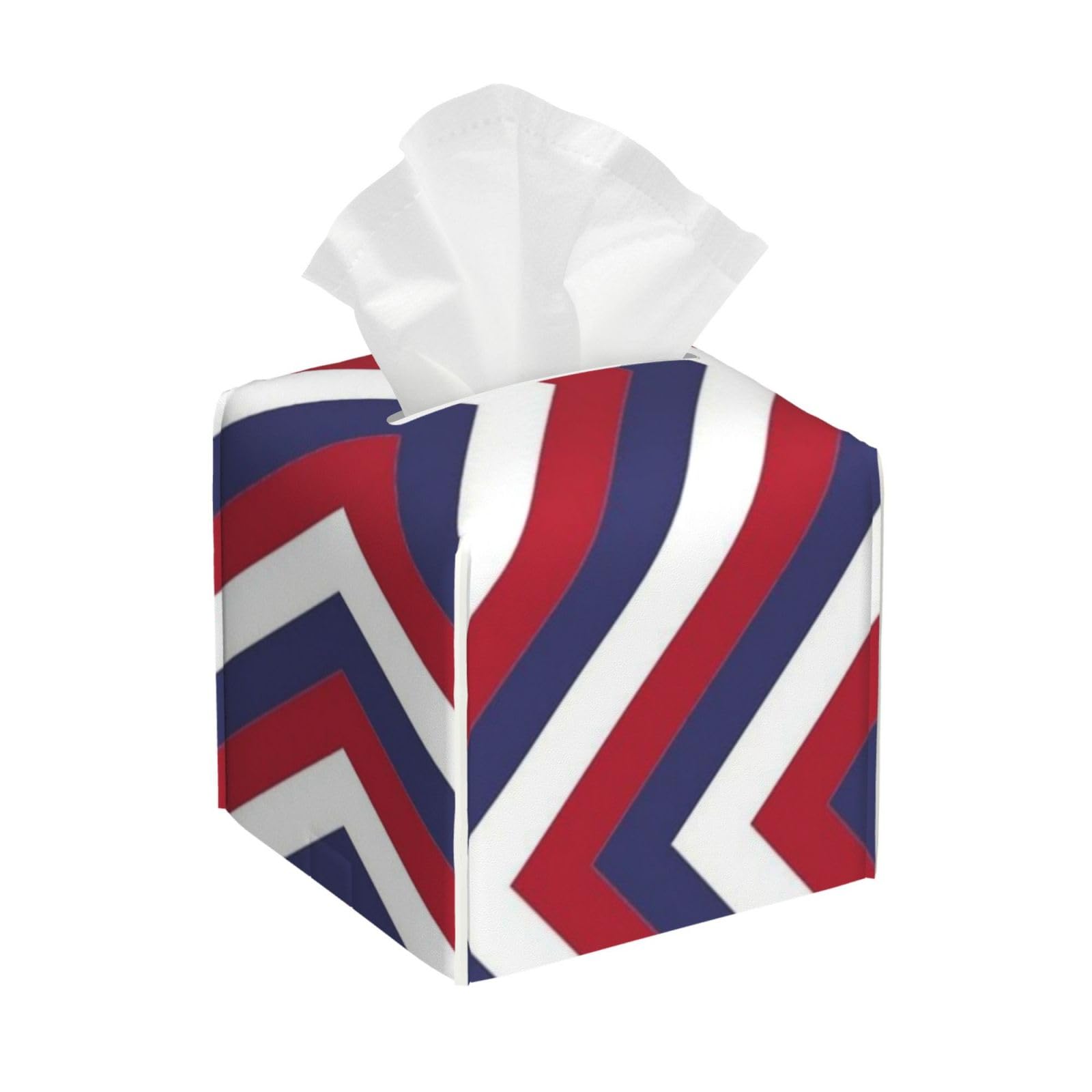 United States Red White and Blue Chevron Stripes Tissue Box Cover 5" Square Leather Tissue Holder Facial Tissue Case for Tabletop Bedroom Bathroom Desk Decor