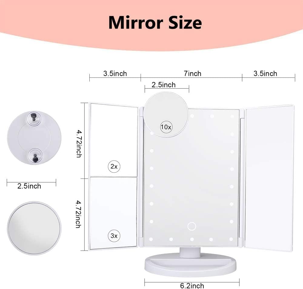 Nestling Vanity Cosmetic/ Makeup Mirror with 22 LED Lights, Touch Screen, Magnification Tri-Fold 2X 3X Magnifying, 180° Free Rotation, Dual Power Supply (White) Nestling Vanity Cosmetic/ Makeup Mirror with 22 LED Lights, Touch Screen, Magnification Tri-Fold 2X 3X Magnifying, 180° Free Rotation, Dual Power Supply (White)