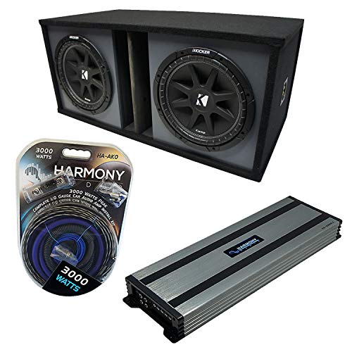 Harmony Audio HA-A1500.1 Universal Car Stereo Mono 3000W Subwoofer Amplifier, 43C154-N Trunk Comp C15 300W RMS 4 Ohm Car Sub and SOLORND2X15V Dual 15
