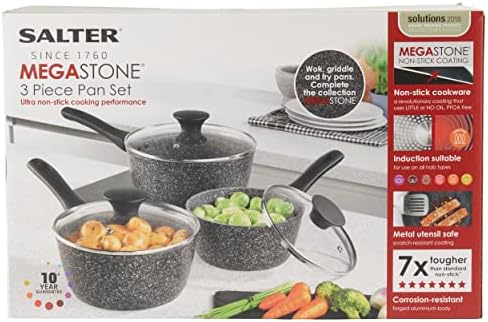 Salter BW05751S Megastone Collection Non-Stick Forged Aluminium 3 Piece Saucepan Set, Dishwasher & Metal Utensil Safe, Induction Hob Suitable, 16/18/20cm, PFOA Free, Silver