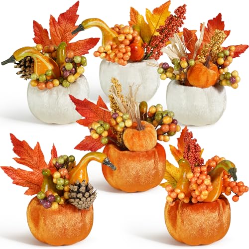 Miaikoe Set of 6 Artificial Pumpkin Decorations, Autumn Decorative Fabric Orange Pumpkin with Maple Berry Acorn Pine Cone Vegetables for Fall Thanksgiving Harvest Party Home Tabletop