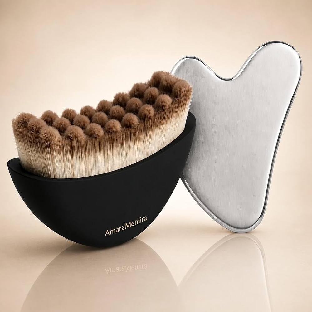 Lymphatic Contour Face Brush & Stainless Steel Gua Sha Set, Face Dry Brush Lymphatic Drainage Tool for Jawline, Chin, Neck Massage, Depuffing, Soft-Touch Matte Handle