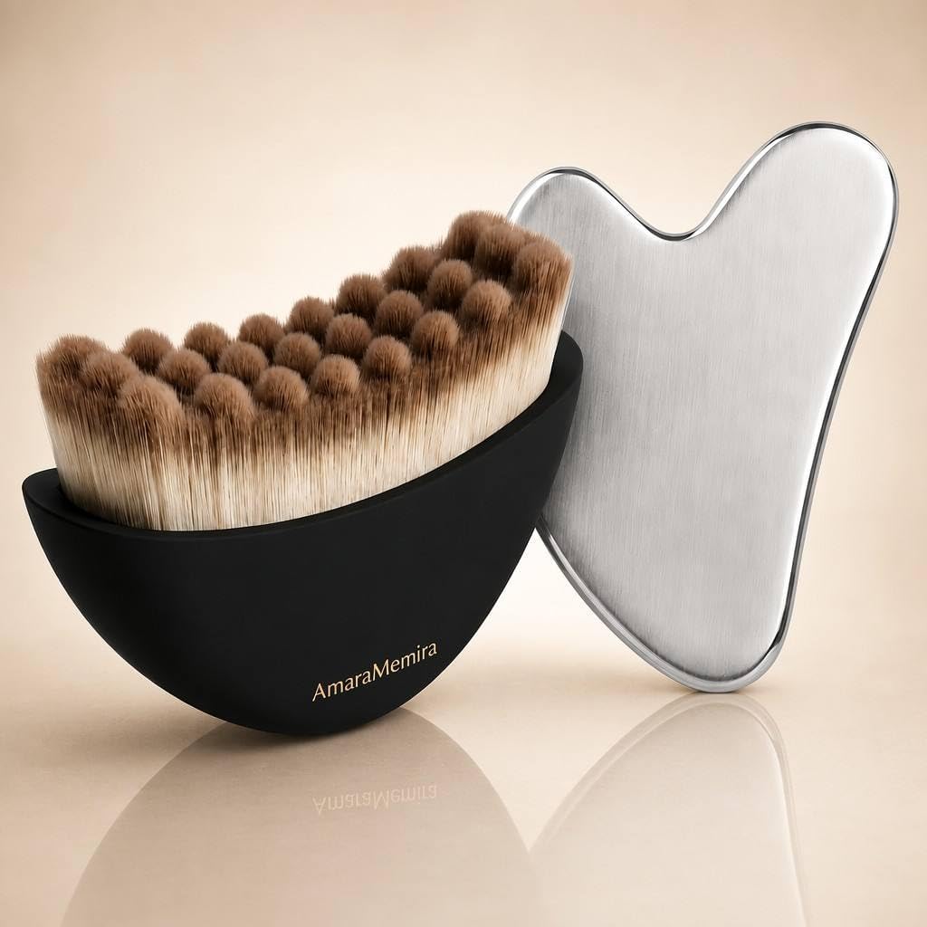 Lymphatic Contour Face Brush & Stainless Steel Gua Sha Set, Face Dry Brush Lymphatic Drainage Tool for Jawline, Chin, Neck Massage, Depuffing, Soft-Touch Matte Handle
