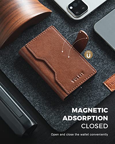 Image of VULKIT Slim Bifold Pop up Wallet Minimalist Leather Card Holder RFID Blocking Metal Card Case with ID Window for Women | with Leather Slots