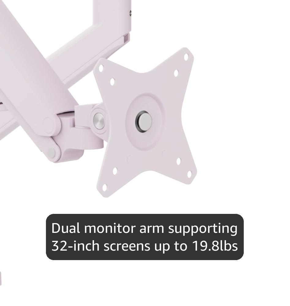 Pixio PS1D Wave Pink Dual Monitor Arm Stand Desk Mount - Fits up to 32 inches Monitors and up to 19.8lbs. VESA Compatibility and Integrated Cable Management