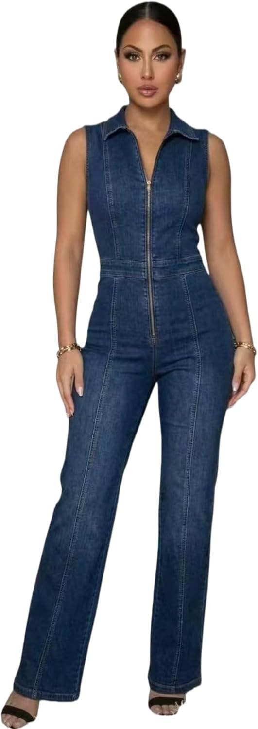 Women's denim jumpsuit sexy slim fit short sleeved high waisted fashionable denim jumpsuit