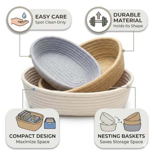 Image of AuraNest Jute Cotton Storage Basket Set of 3 | Oval Woven Shelf Organizer Bins | Multipurpose Storage for Kitchen, Bathroom, Toys & Gift Hampers | Eco-Friendly Handmade Baskets (Multicolor)