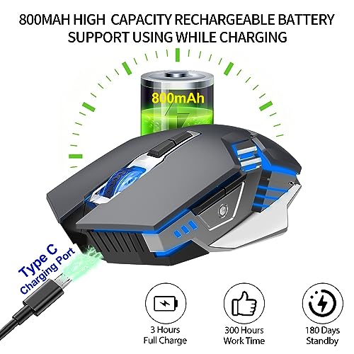 Image of Bluetooth Gaming Mouse, RGB Rechargeable USB Wireless Mouse, Quiet Click, LED Backlit, Ergonomic, with Side Button, 6 Button, DPI Adjustable, Computer Mice for Laptop PC MacBook Chromebook - Grey
