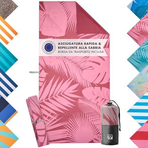 Blumtal Telo mare XXL in microfibra, asciugamano compatto e ad asciugatura rapida, 90 x 180 cm, coperta da spiaggia senza sabbia, con nastro, asciugamano in microfibra con motivo palme rosa
