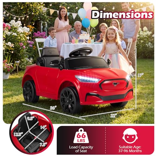 Image of Costzon Ride on Car, 12V Licensed Ford Mach E Kids Electric Vehicle with Parent Control, LED Lights, Horn, Music, Wireless Connection & Spring Suspension, Kids Car Toy for Girls Boys (Red)