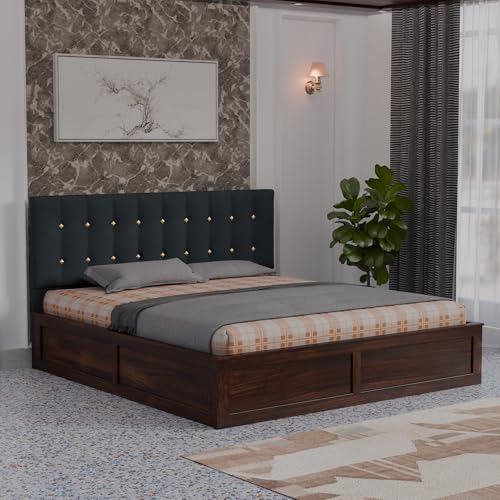 Image of Sheesham Wood Queen Size Bed with Storage Box | Upholstered Beds | Platform Cot with Cushioned Headboard | Double Bed for Home | Recommended Mattress 78x60 Inch | Dark Grey & Walnut Finish