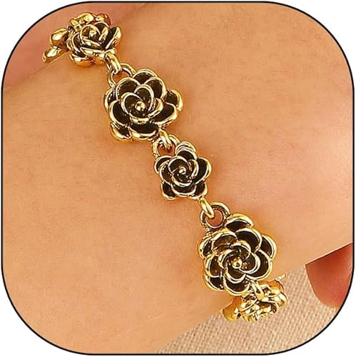 GIGB PBDK Pulsera de cadena de flores de oro de 14 quilates vintage para mujer, brazalete de eslabones florales de plata antigua, pulsera ajustable