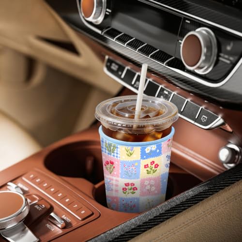 Image of Insulated Neoprene Cup Sleeve for Iced Coffee & Cold Soda - Reusable & Sweatproof, Keeps Drinks Cold Longer, Coffee Coolie for Hot & Iced Drinks (Gingham Floral, Small: 16-18oz)