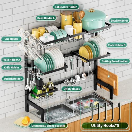 Image of Over The Sink Dish Drying Rack,Expandable Length 3-Tier Large Stainless Steel Over The Sink Dish Rack with 6 Baskets, Utensil Holder Dish Drainers for Kitchen Counter