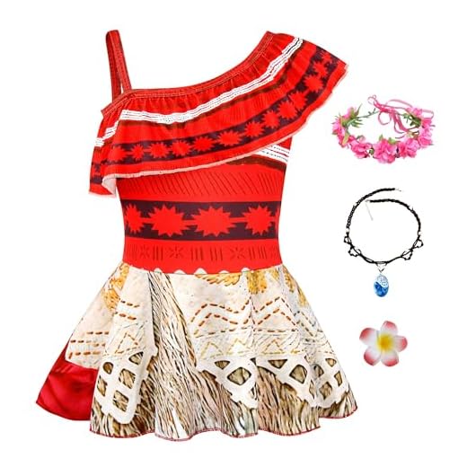 Monissy Disfraz Vaiana Clásico Vestido Carnaval Moana Niño Traje de Baño Niña Verano Piscina Océano Hawai Collar Pinza para el Pelo Fotografía Cosplay Regalo Halloween Navidad 90